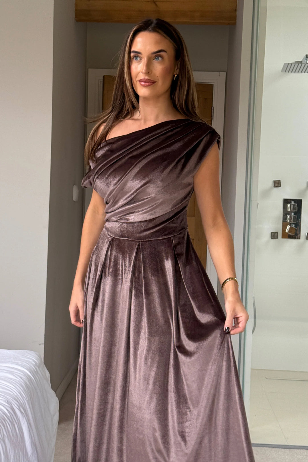 Betty Mocha Brown Velvet Asymmetric Neckline Skater Midi Dress With Pockets