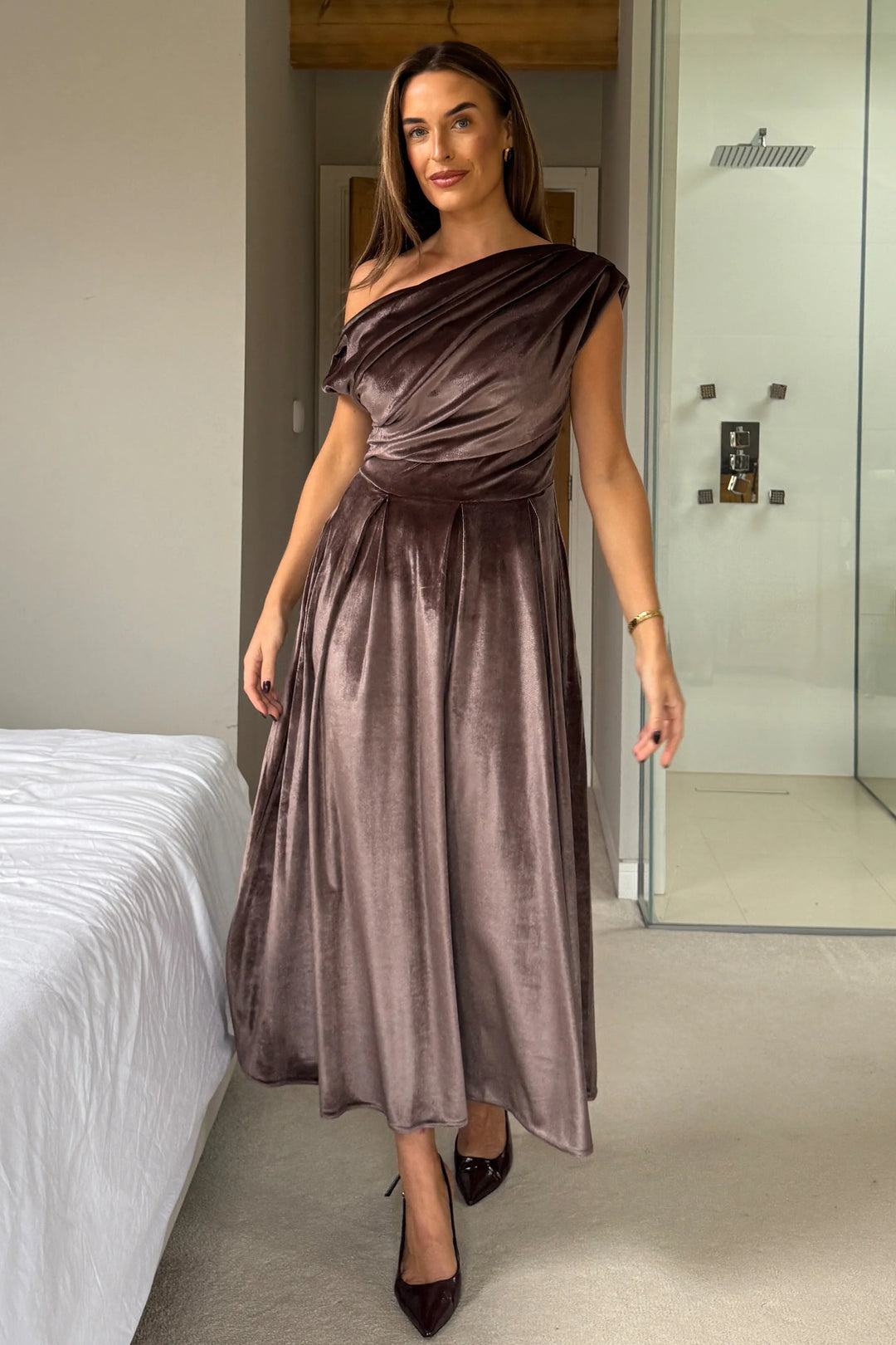 Betty Mocha Brown Velvet Asymmetric Neckline Skater Midi Dress With Pockets