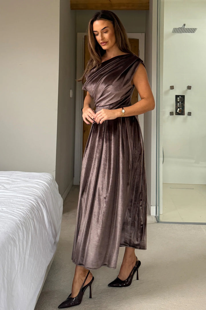 Betty Mocha Brown Velvet Asymmetric Neckline Skater Midi Dress With Pockets