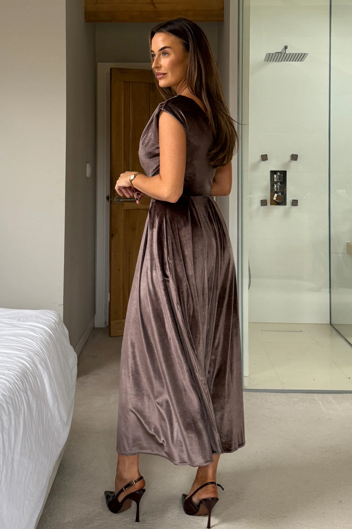 Betty Mocha Brown Velvet Asymmetric Neckline Skater Midi Dress With Pockets