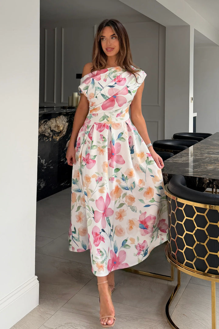 Betty Pink Floral Asymmetric Neckline Skater Maxi Dress With Pockets