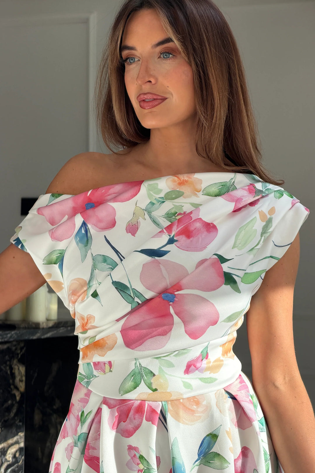 Betty Pink Floral Asymmetric Neckline Skater Maxi Dress With Pockets