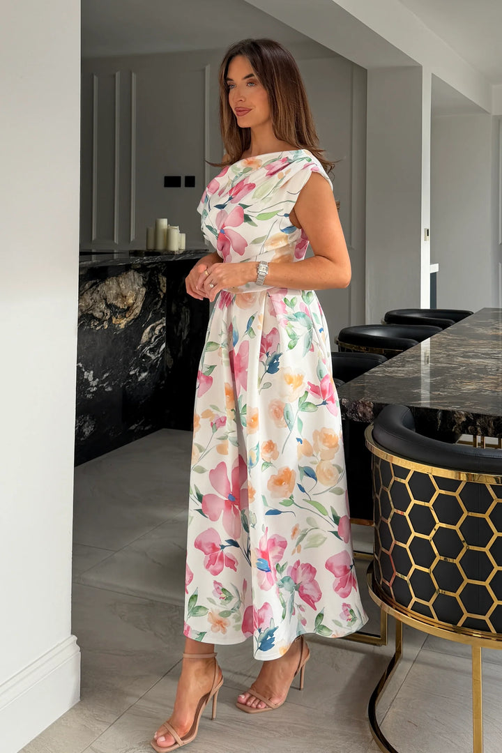 Betty Pink Floral Asymmetric Neckline Skater Maxi Dress With Pockets