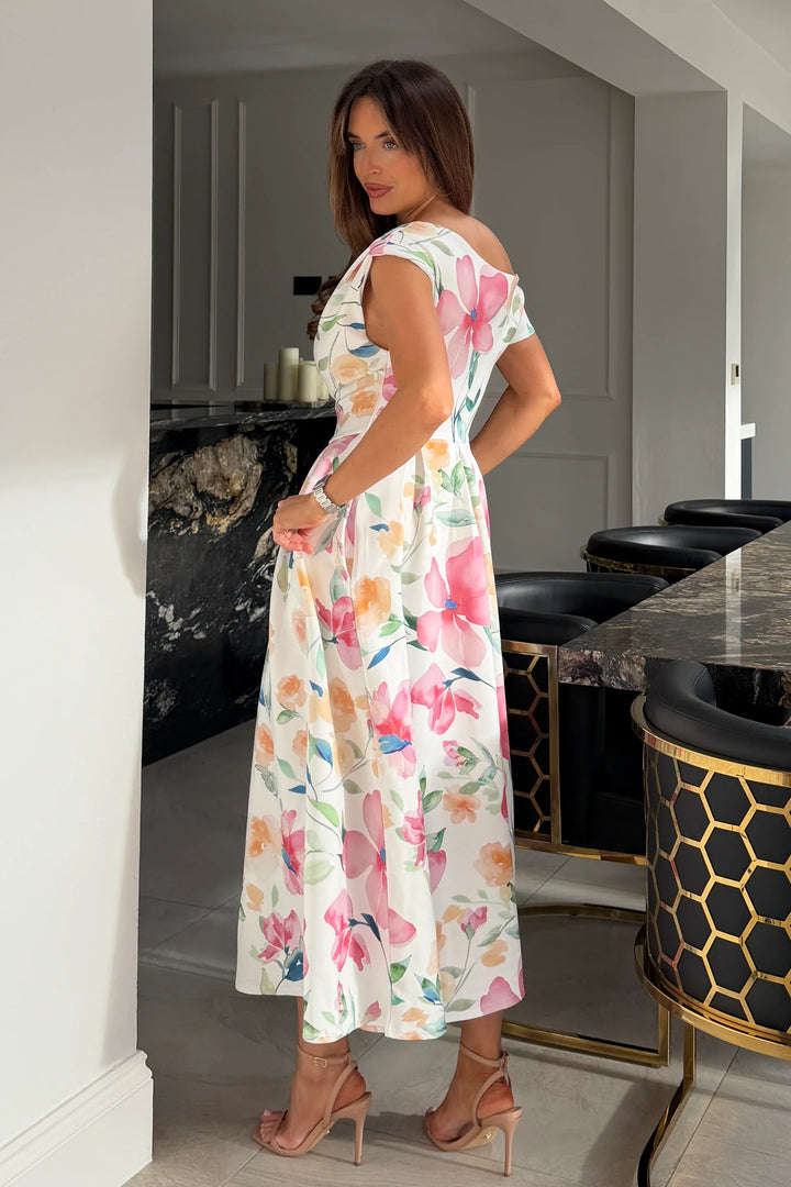 Betty Pink Floral Asymmetric Neckline Skater Maxi Dress With Pockets