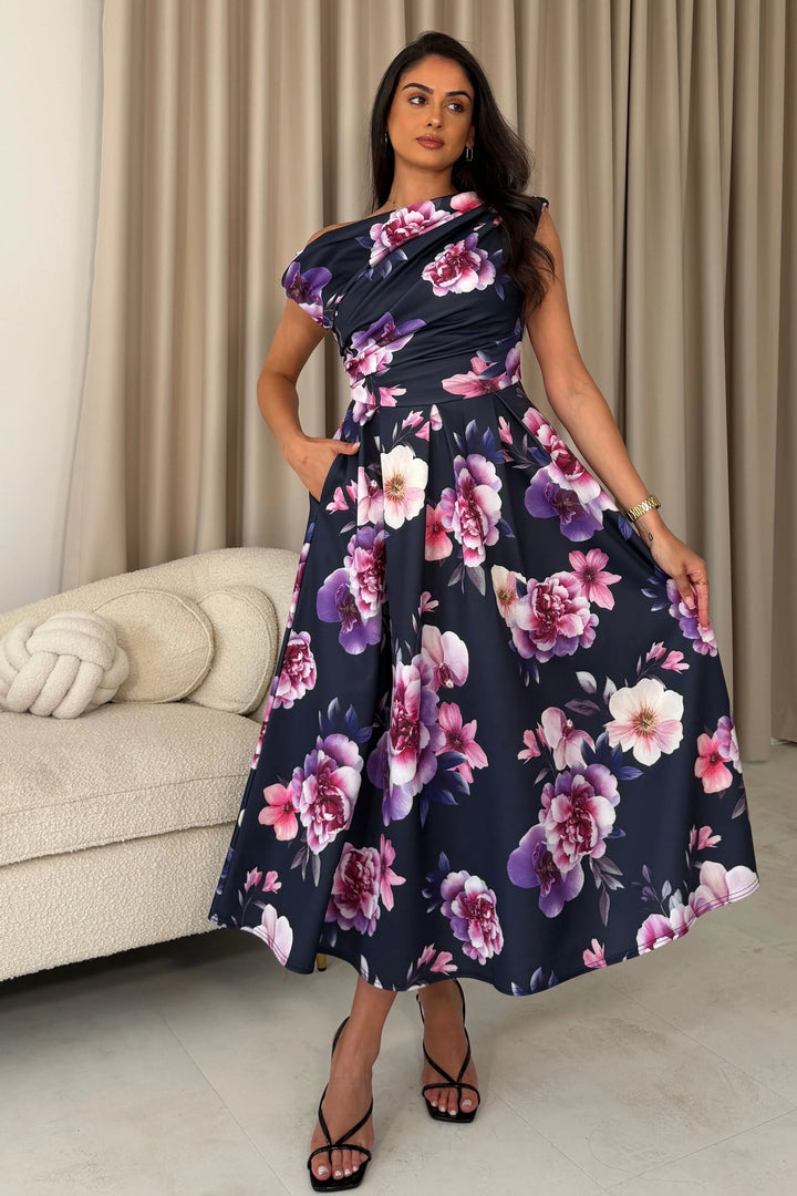 Betty Navy Floral Asymmetric Neckline Skater Maxi Dress With Pockets