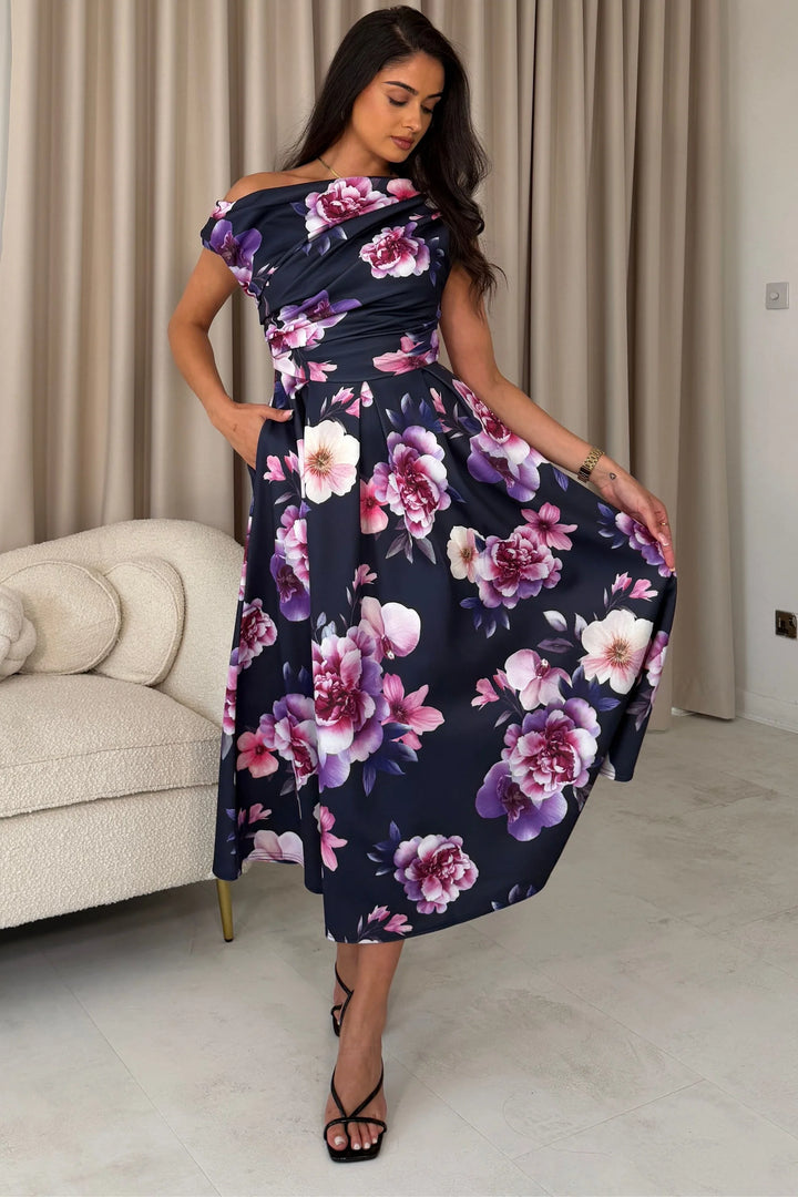 Betty Navy Floral Asymmetric Neckline Skater Maxi Dress With Pockets