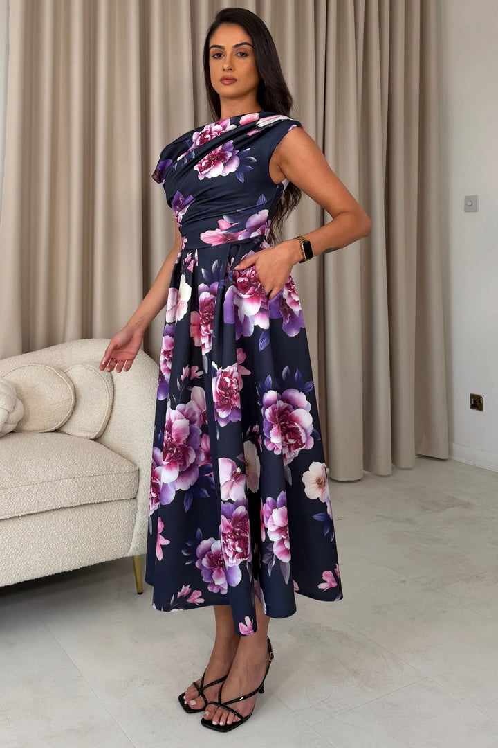 Betty Navy Floral Asymmetric Neckline Skater Maxi Dress With Pockets