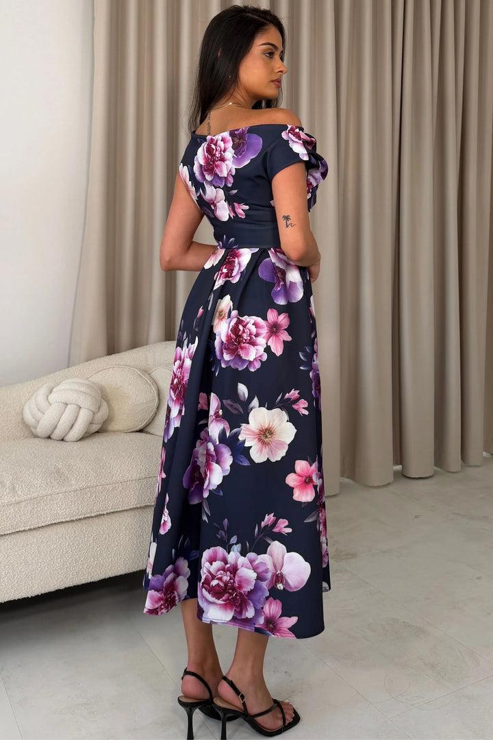 Betty Navy Floral Asymmetric Neckline Skater Maxi Dress With Pockets