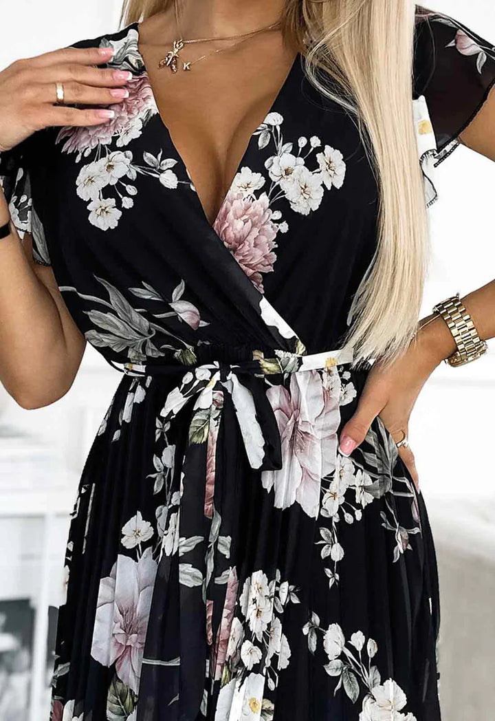 Amalfi Coast Black & Pale Pink Floral Chiffon Short Sleeve Pleated Belted Maxi Dress