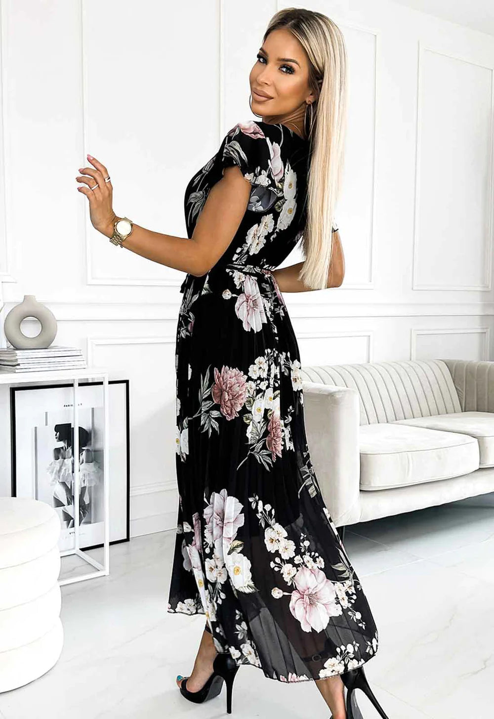 Amalfi Coast Black Pale Pink Floral Chiffon Short Sleeve Pleated Belted Maxi Dress