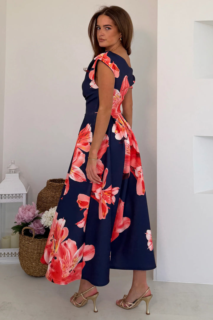Betty Navy and Orange Floral Asymmetric Neckline Skater Maxi Dress With Pockets