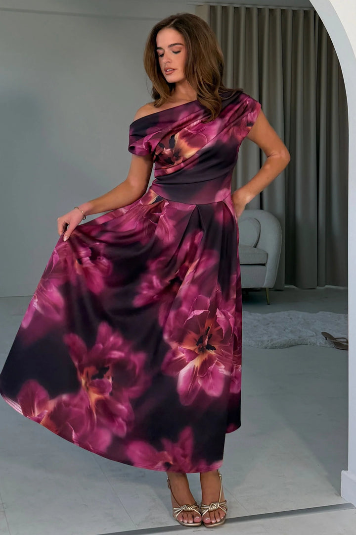 Betty Plum and Black Floral Asymmetric Neckline Skater Maxi Dress With Pockets