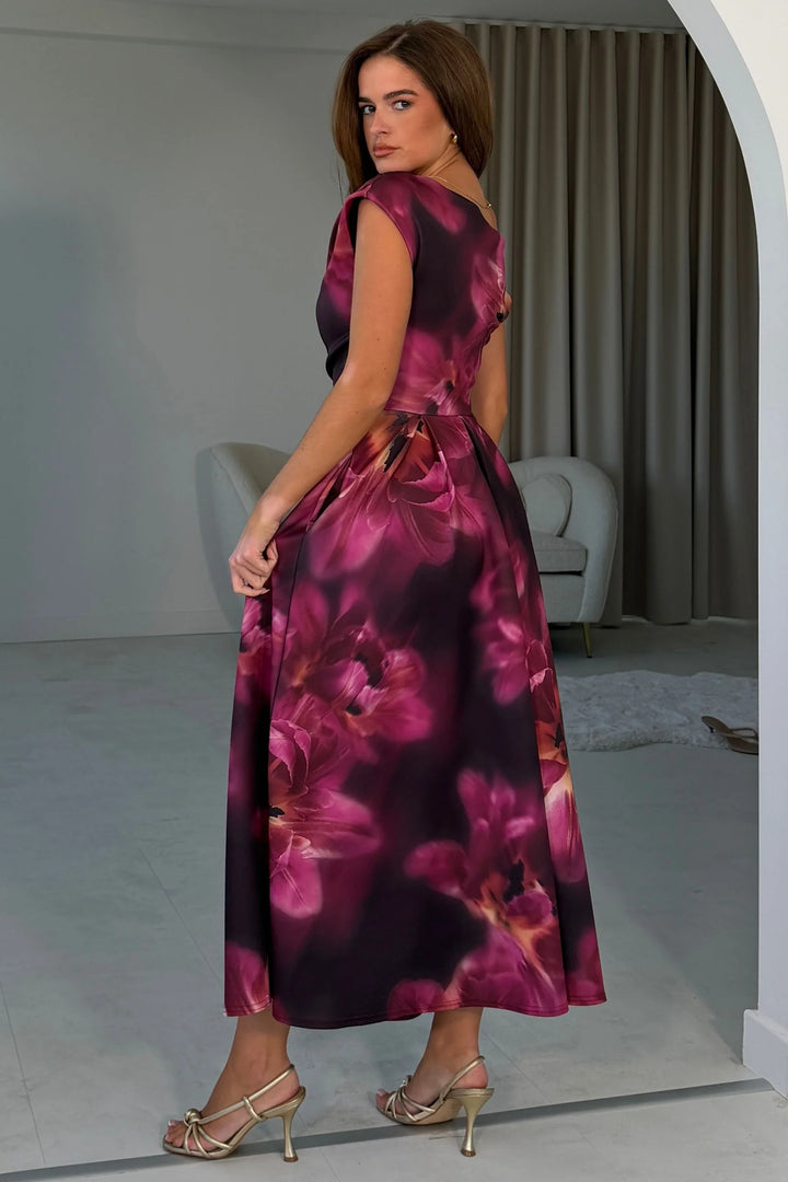 Betty Plum and Black Floral Asymmetric Neckline Skater Maxi Dress With Pockets