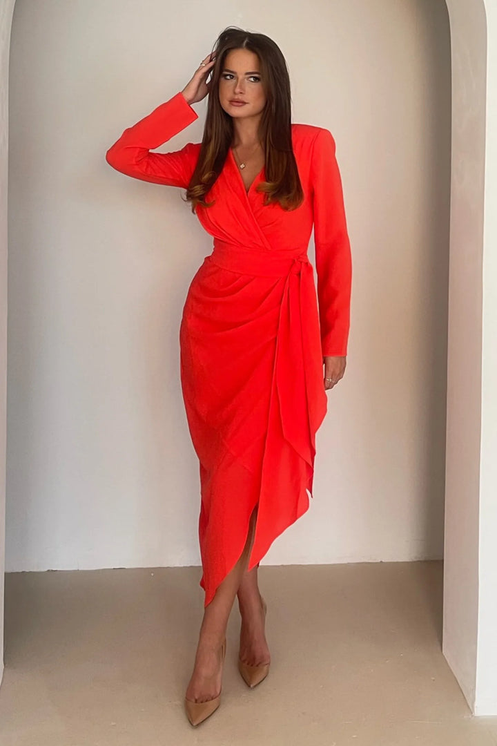 Bria Coral Wrap Long Sleeve Maxi Dress