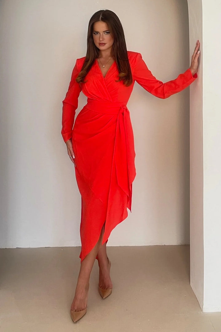 Bria Coral Wrap Long Sleeve Maxi Dress