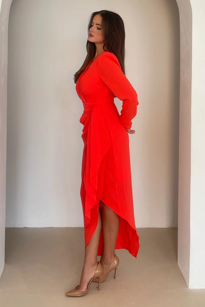 Bria Coral Wrap Long Sleeve Maxi Dress