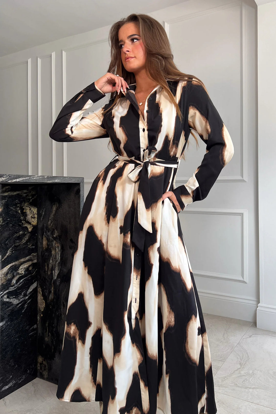 Brielle Long Sleeve Animal Print Belted Shirt Maxi Dress LittleMadam