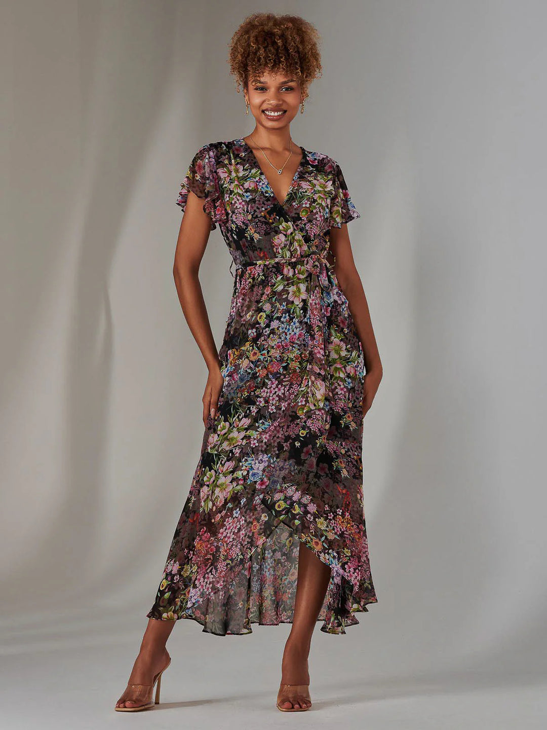 Bella Black Floral Short Sleeve Frill Dip Hem Chiffon Maxi Dress