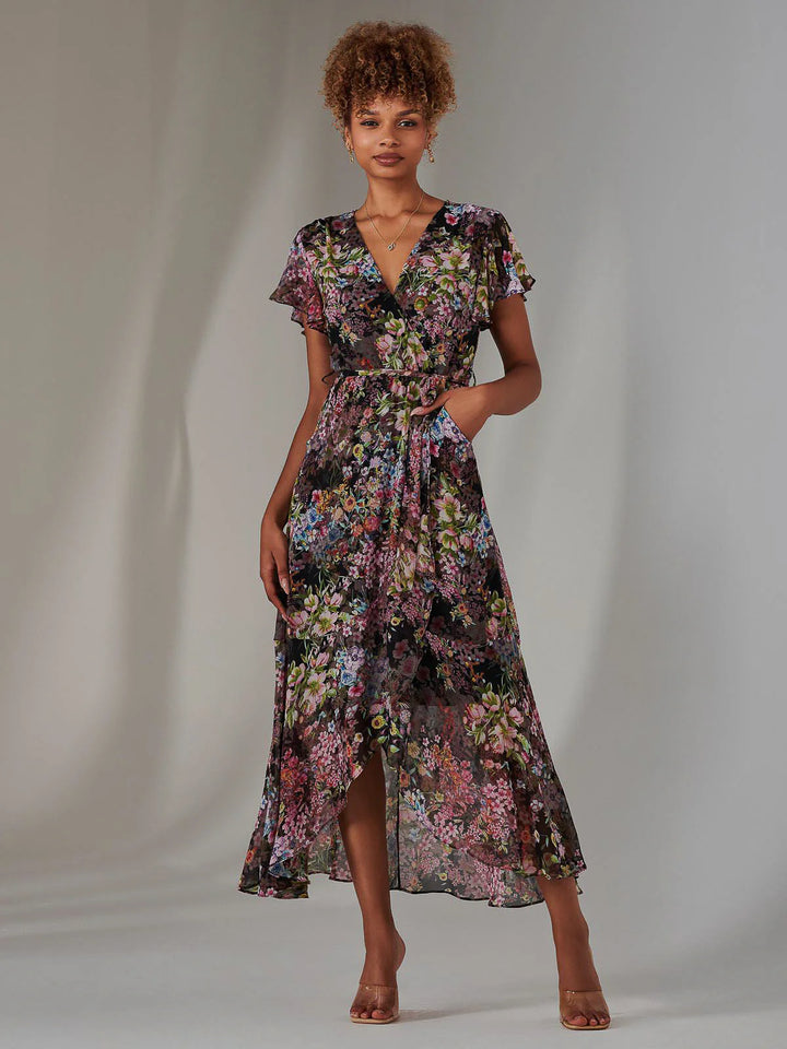 Bella Black Floral Short Sleeve Frill Dip Hem Chiffon Maxi Dress