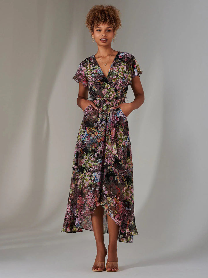 Bella Black Floral Short Sleeve Frill Dip Hem Chiffon Maxi Dress