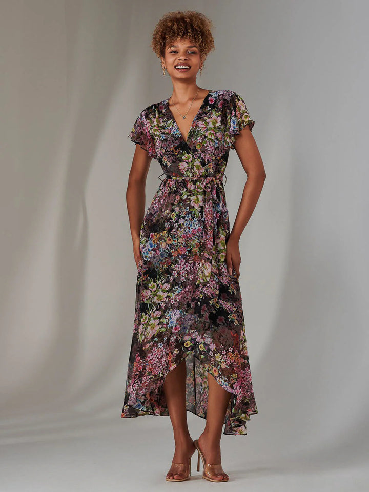 Bella Black Floral Short Sleeve Frill Dip Hem Chiffon Maxi Dress