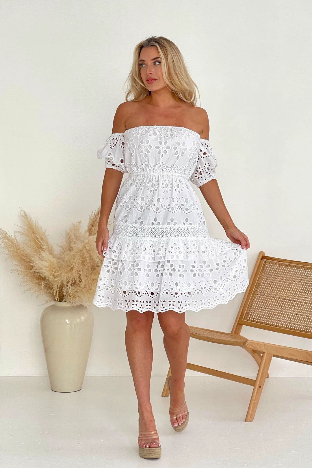 Camden White Broderie Anglaise Off Shoulder Midi Dress