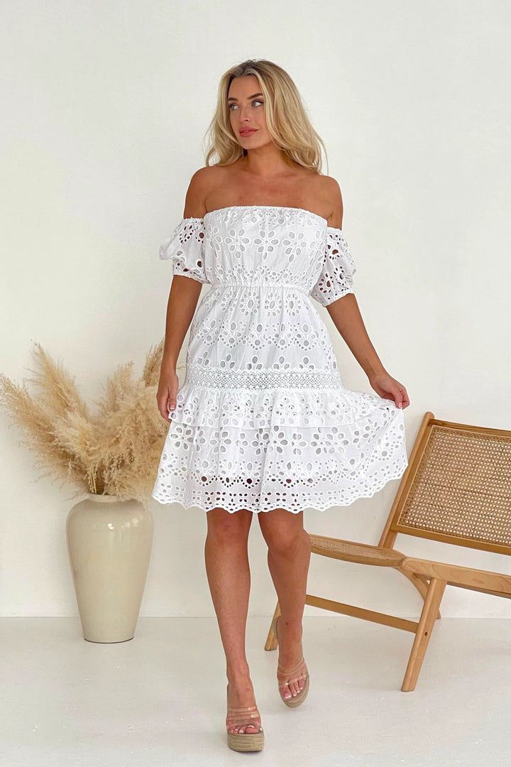 Camden White Broiderie Anglaise Off Shoulder Midi Dress