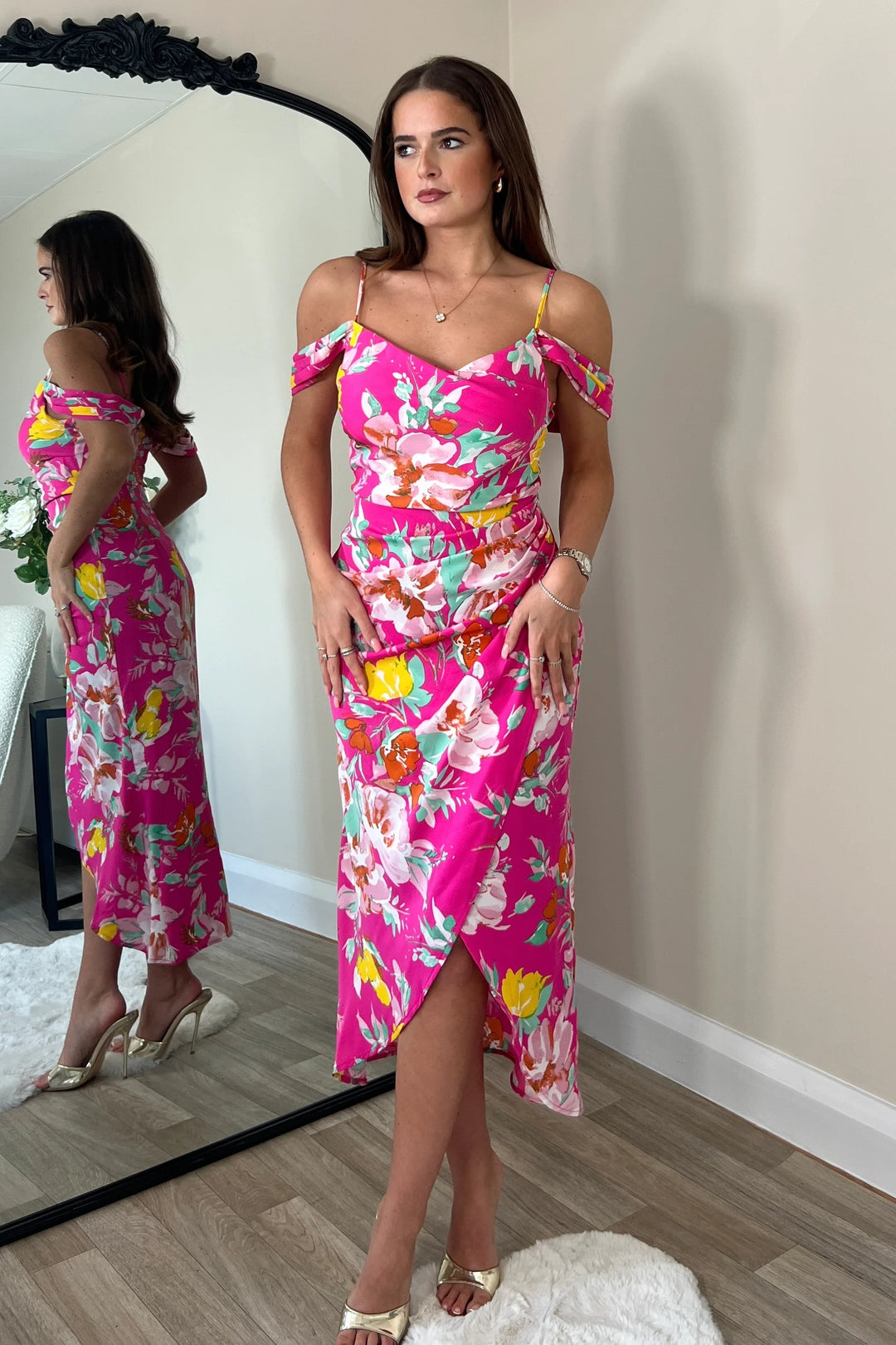 Pink floral cold shoulder dress discount