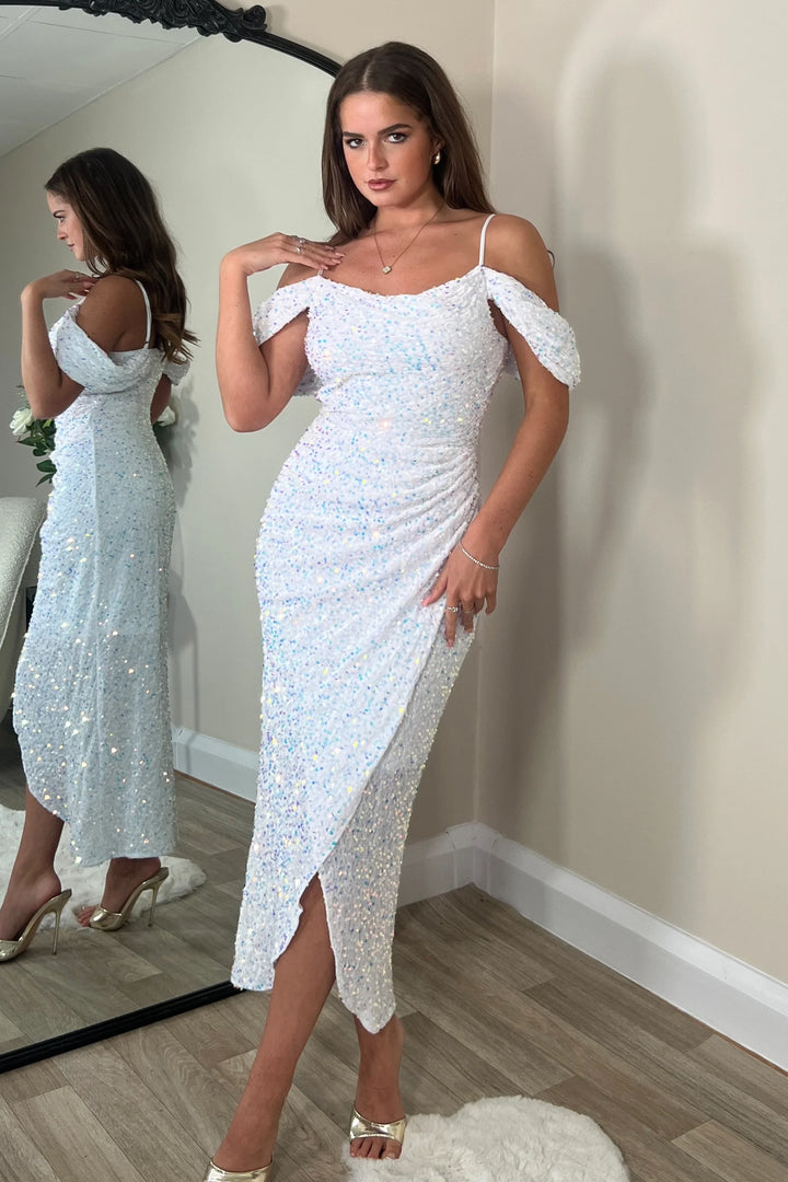 Camilla White Sequin Cold Shoulder Wrap Over Midi Dress