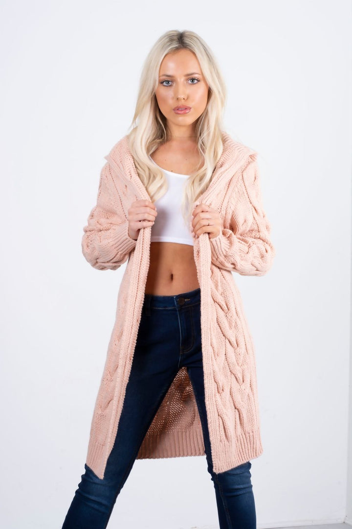 Cara Dusty Pink Chunky Cable Knit Long Hooded Cardigan