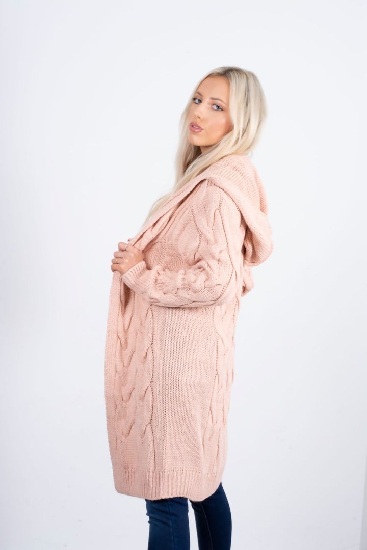 Cara Dusty Pink Chunky Cable Knit Long Hooded Cardigan