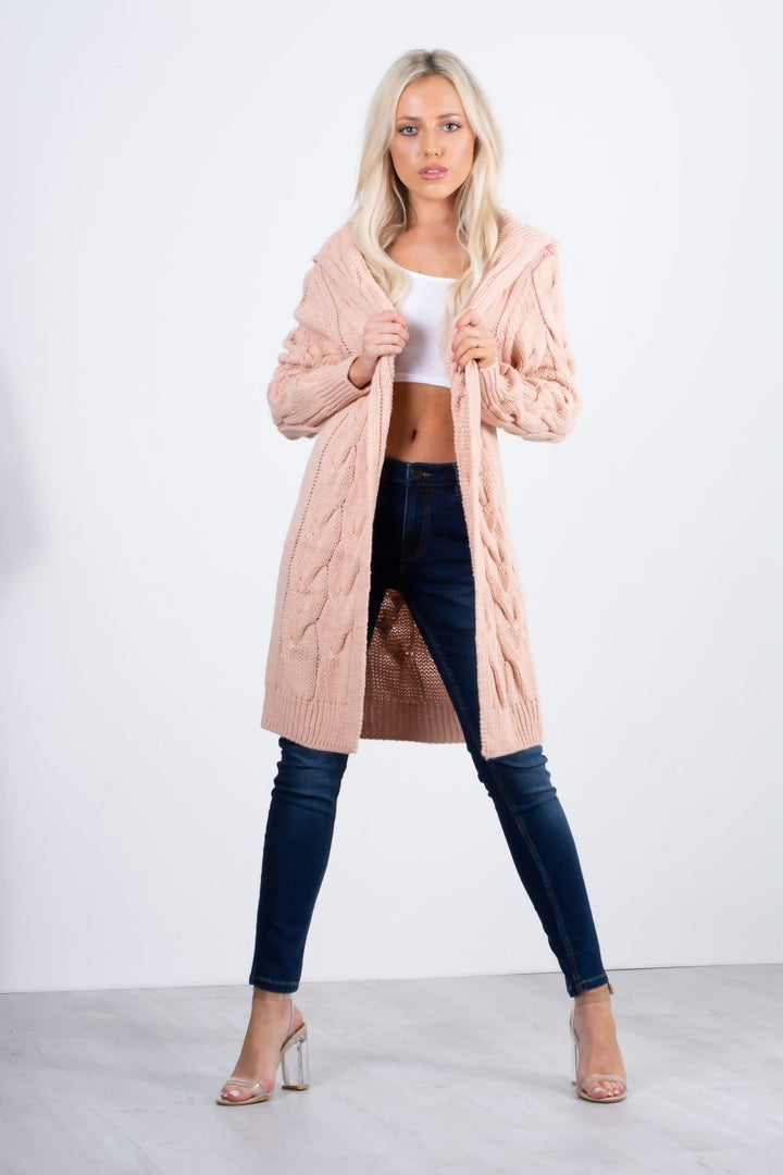 Cara Dusty Pink Chunky Cable Knit Long Hooded Cardigan