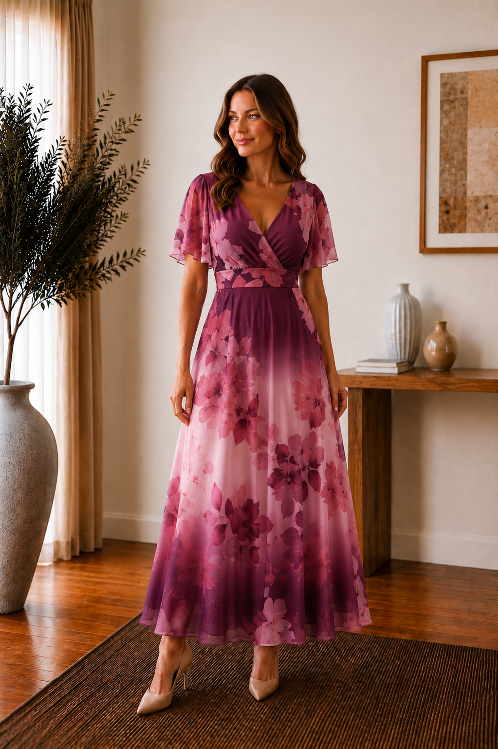 Isobel Plum Floral Angel Sleeve Belted Maxi Dress - REGULAR LENGTH (3 LENGTHS)
