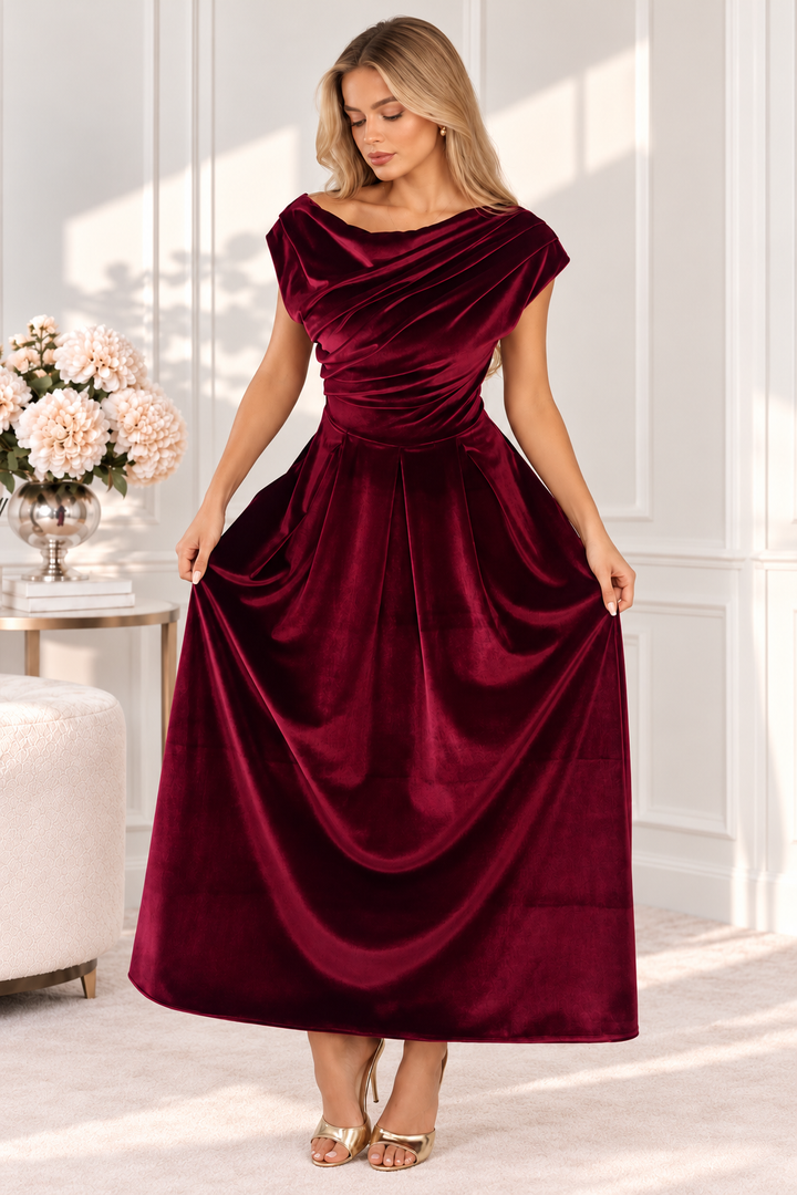 Betty Berry Velvet Asymmetric Neckline Skater Midi Dress With Pockets
