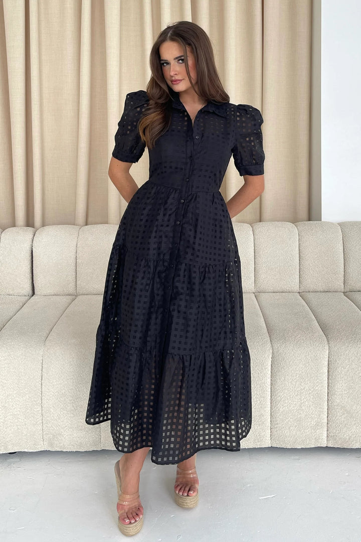 Cici Black Check Patterned Organza Shirt Dress - CHECK SIZING