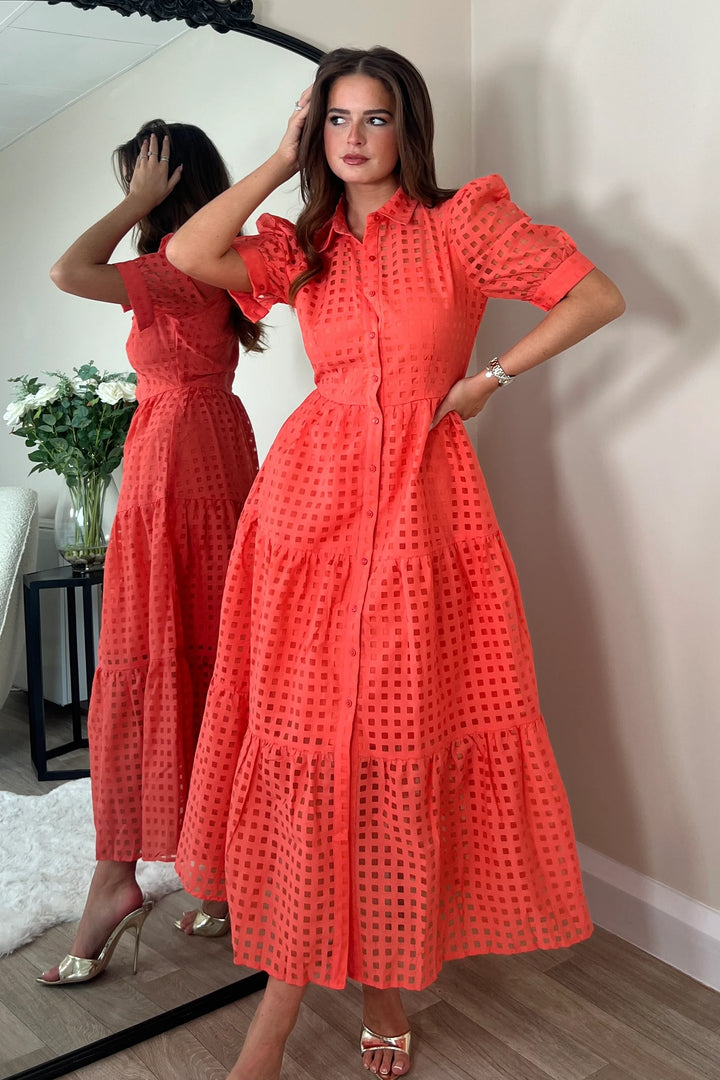 Cici Coral Check Patterned Organza Shirt Dress - CHECK SIZING