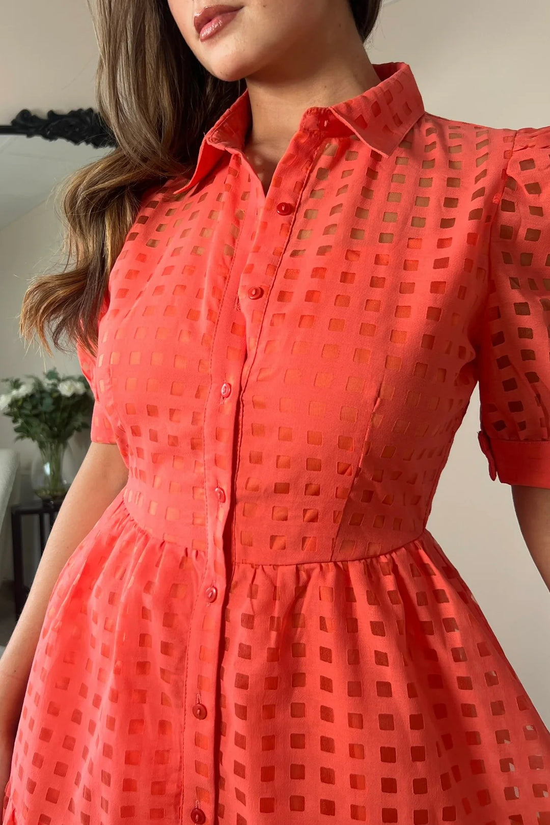 Cici Coral Check Patterned Organza Shirt Dress - CHECK SIZING