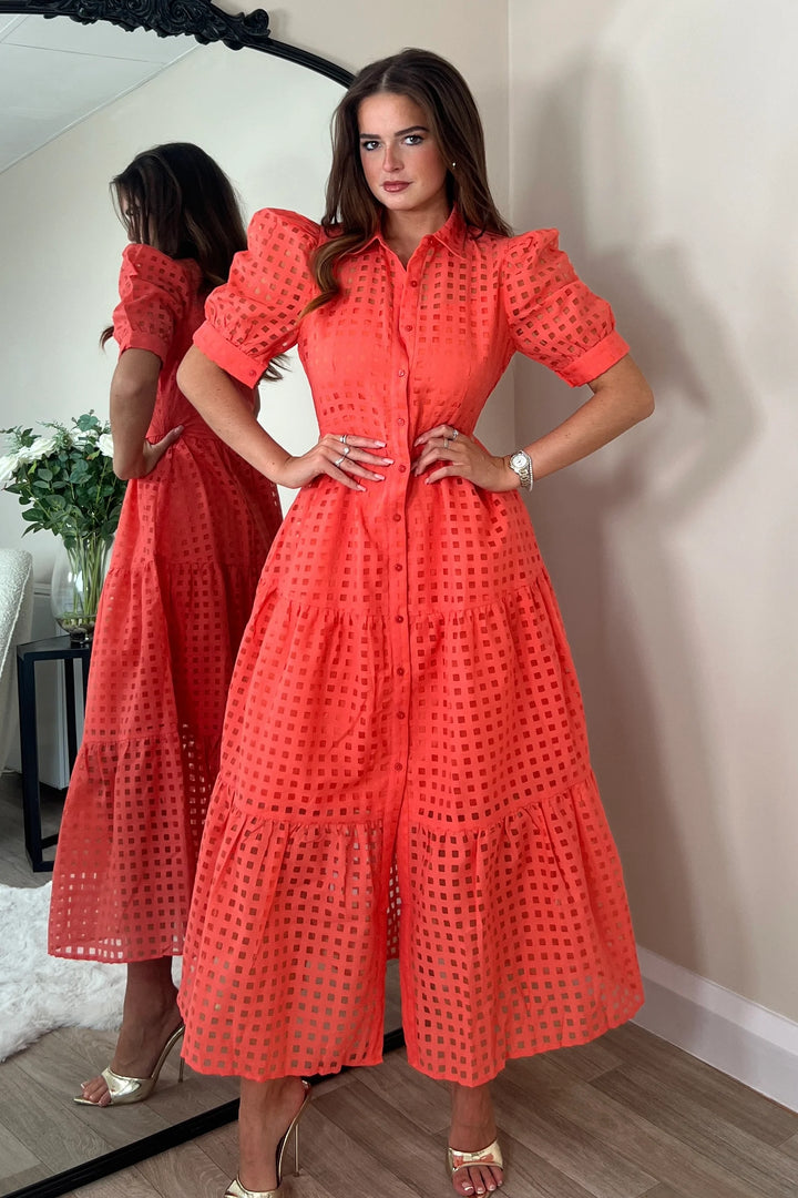 Cici Coral Check Patterned Organza Shirt Dress - CHECK SIZING