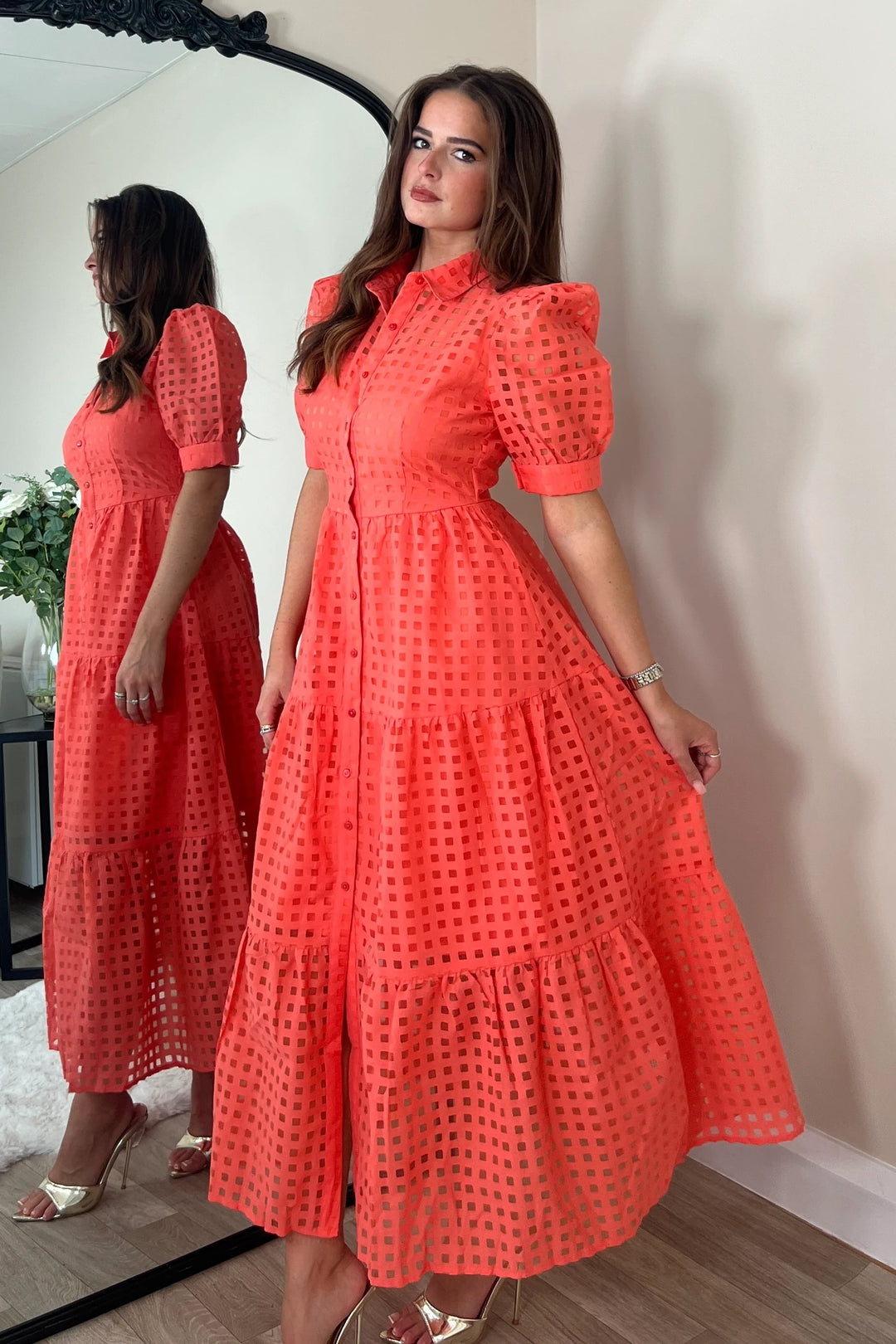 Cici Coral Check Patterned Organza Shirt Dress - CHECK SIZING