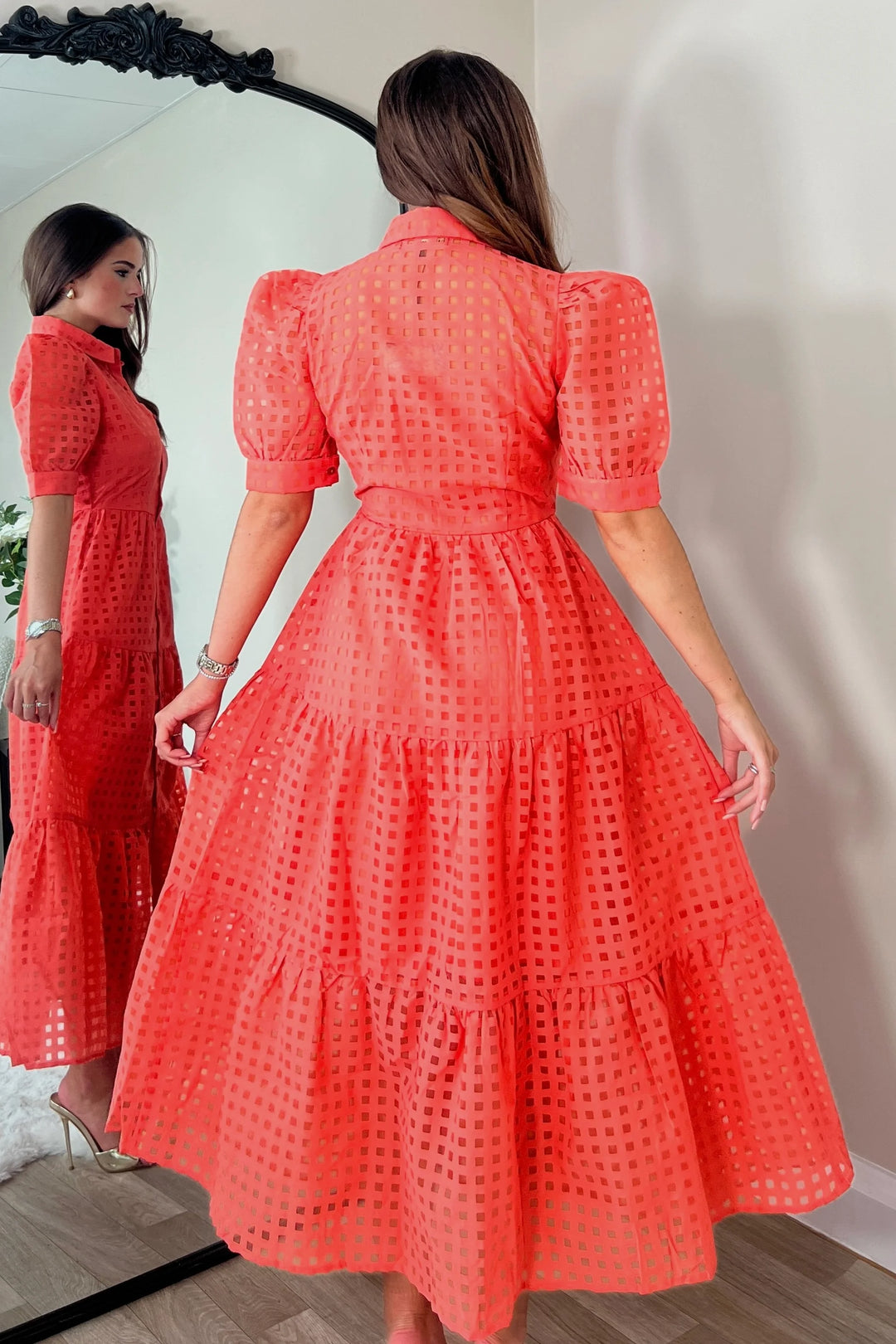 Cici Coral Check Patterned Organza Shirt Dress - CHECK SIZING