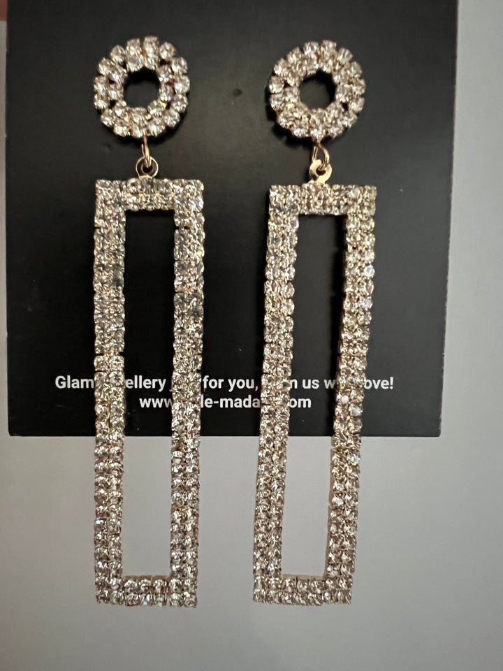 Rectangular Long Drop Diamante Earrings in Gold