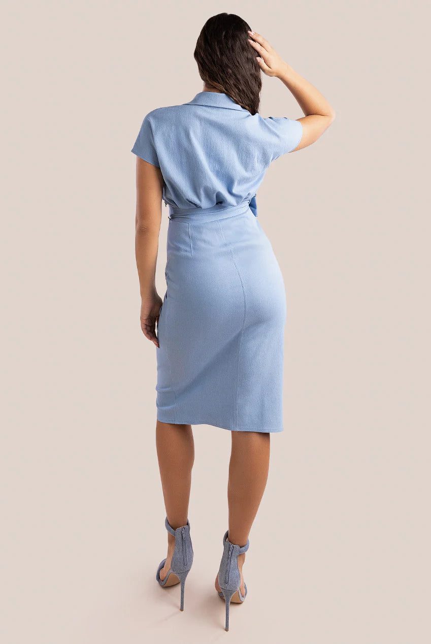 Claudia Sky Denim Belted Bodycon Angel Sleeve Midi Shirt Dress