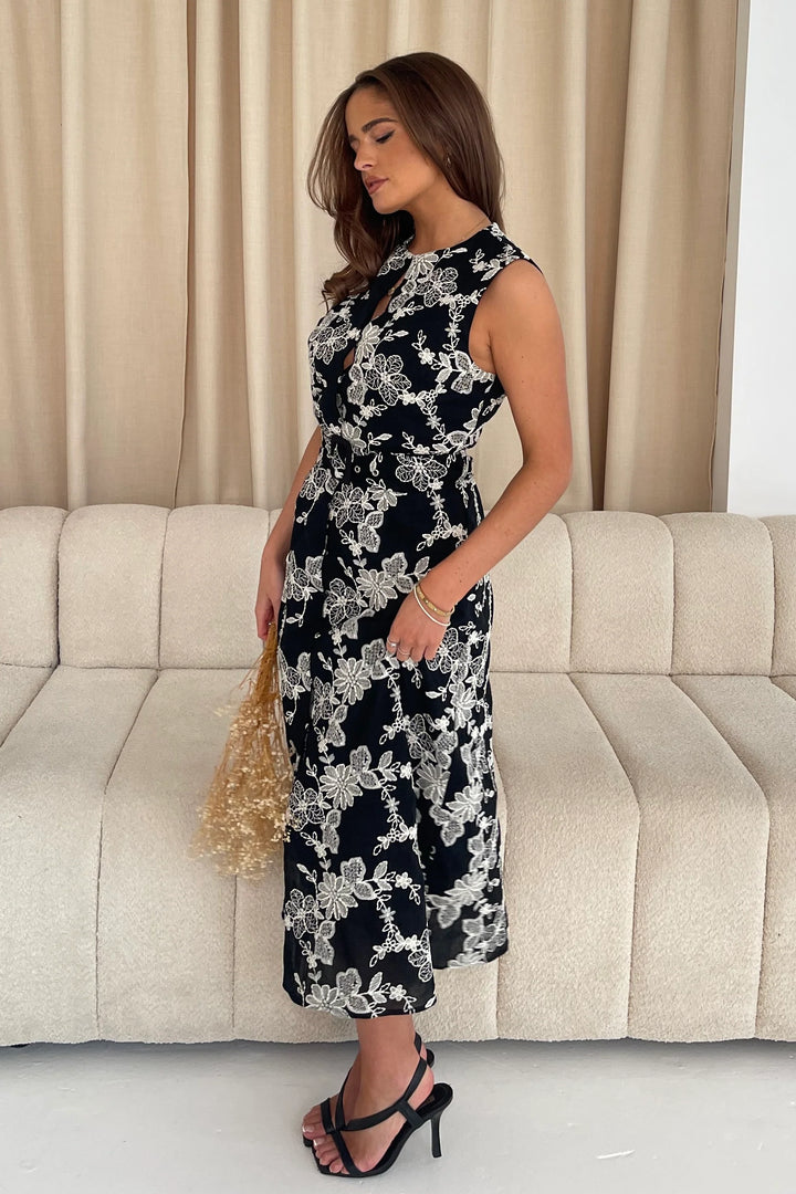 Cordelia Black Floral Embroidery Sleeveless Midi Dress