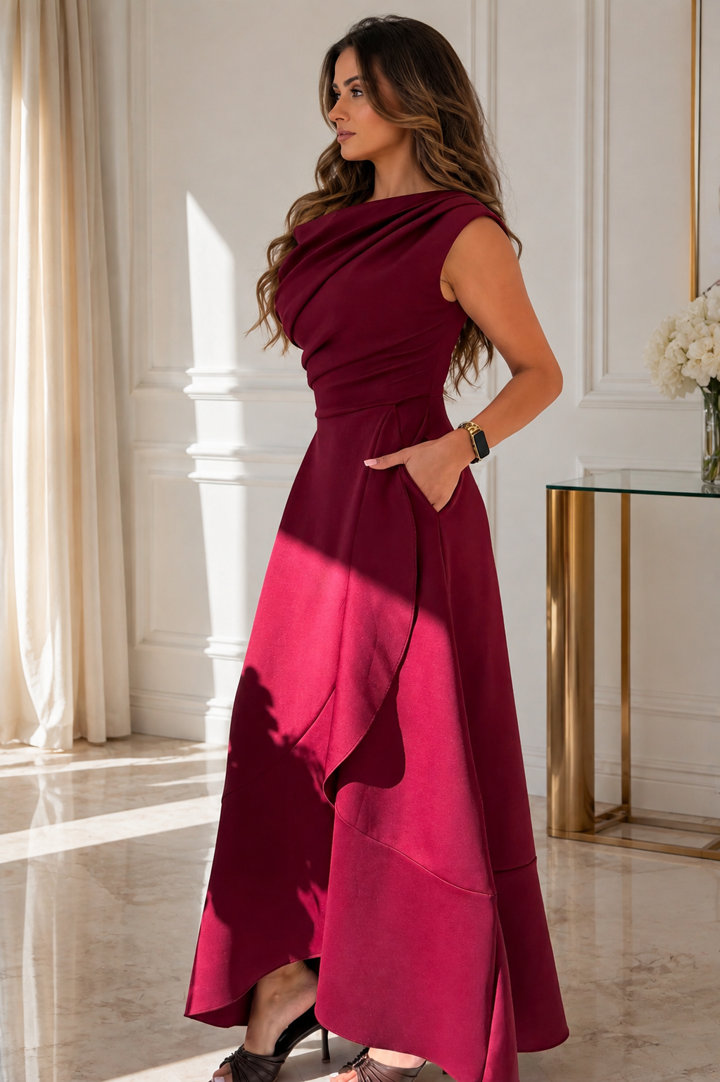 Florie Burgundy Asymmetric Neckline Maxi Dress