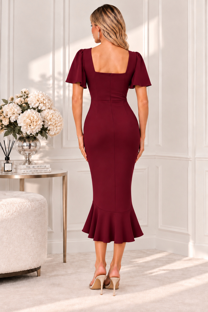 Darcie Burgundy Flared Sleeve Frill Midi Dress