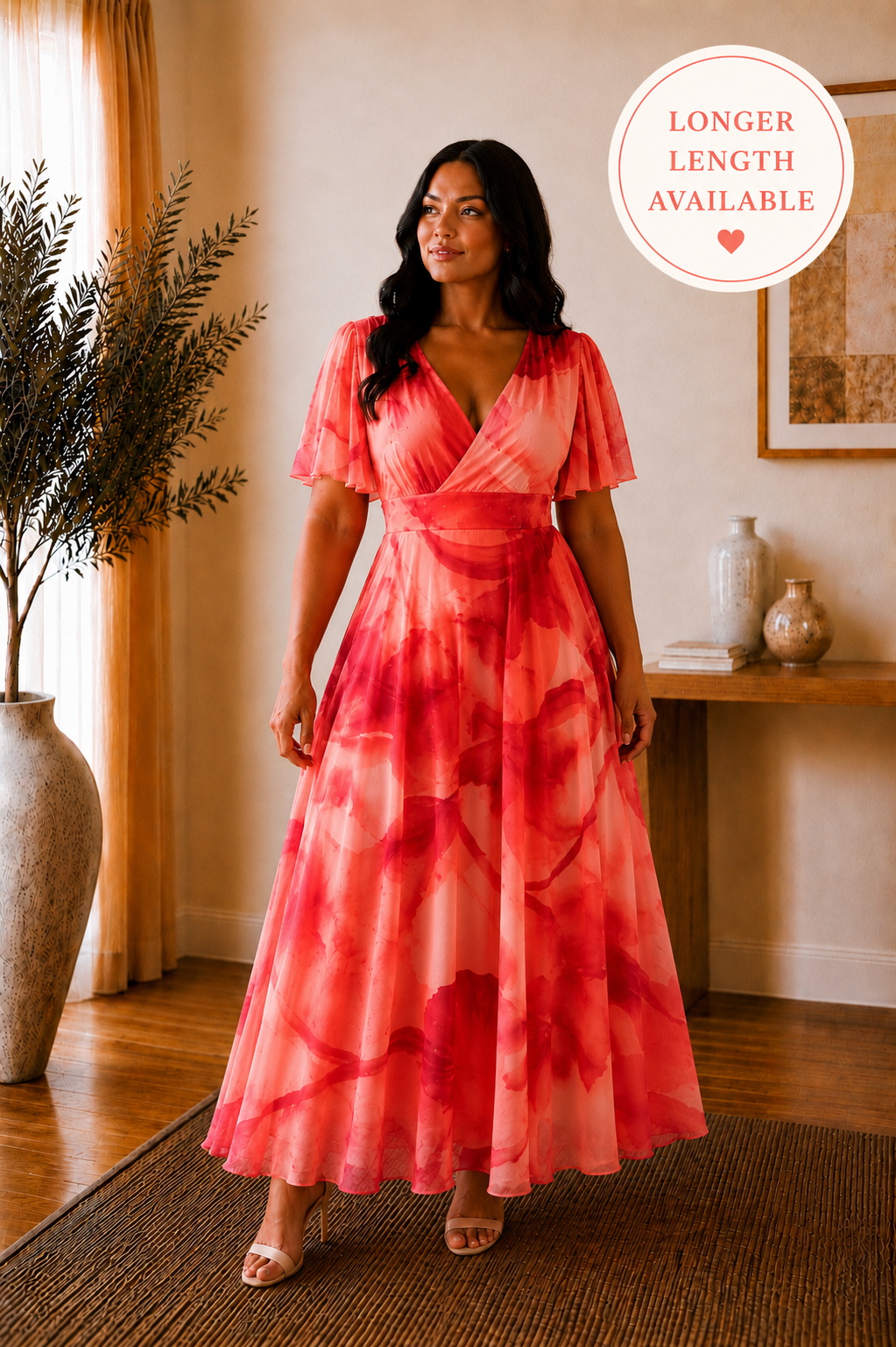 Isobel Coral Abstract Angel Sleeve Belted Mesh Maxi Dress - PETITE LENGTH (3 LENGTHS)