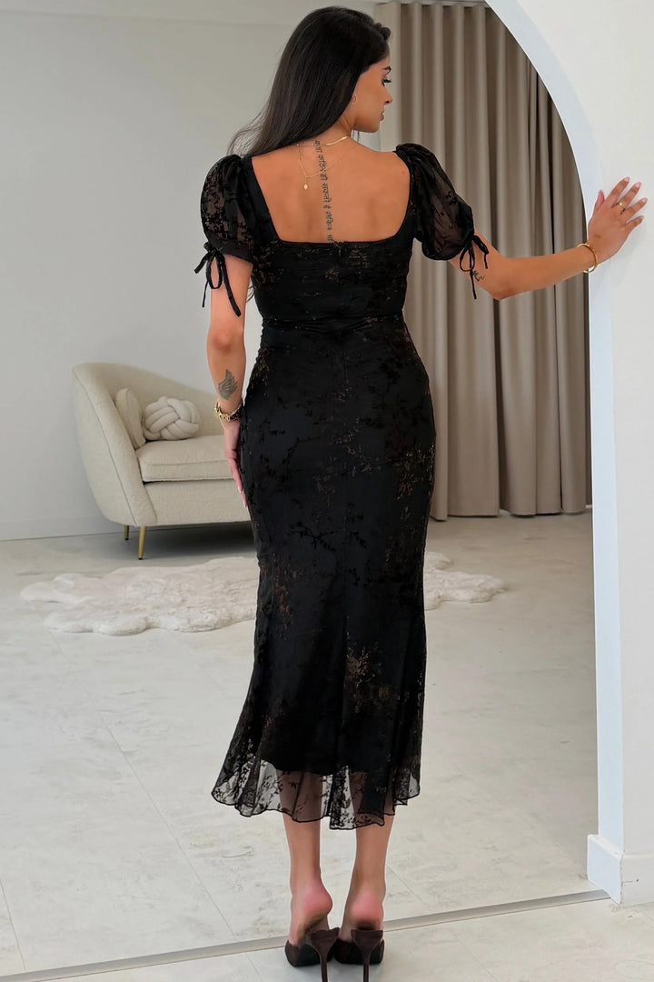 Dove Black & Brown Flocked Ruched Detail Midi Dress