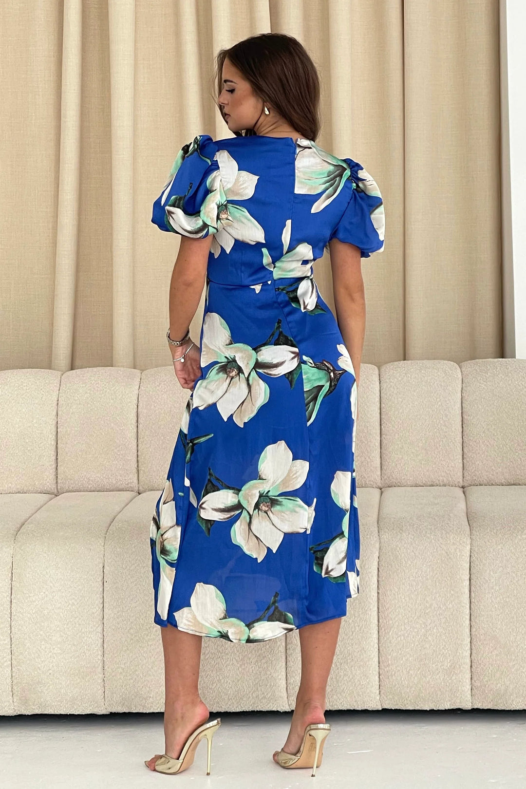 Dahlia Puff Sleeve Midi Dress in Blue Floral