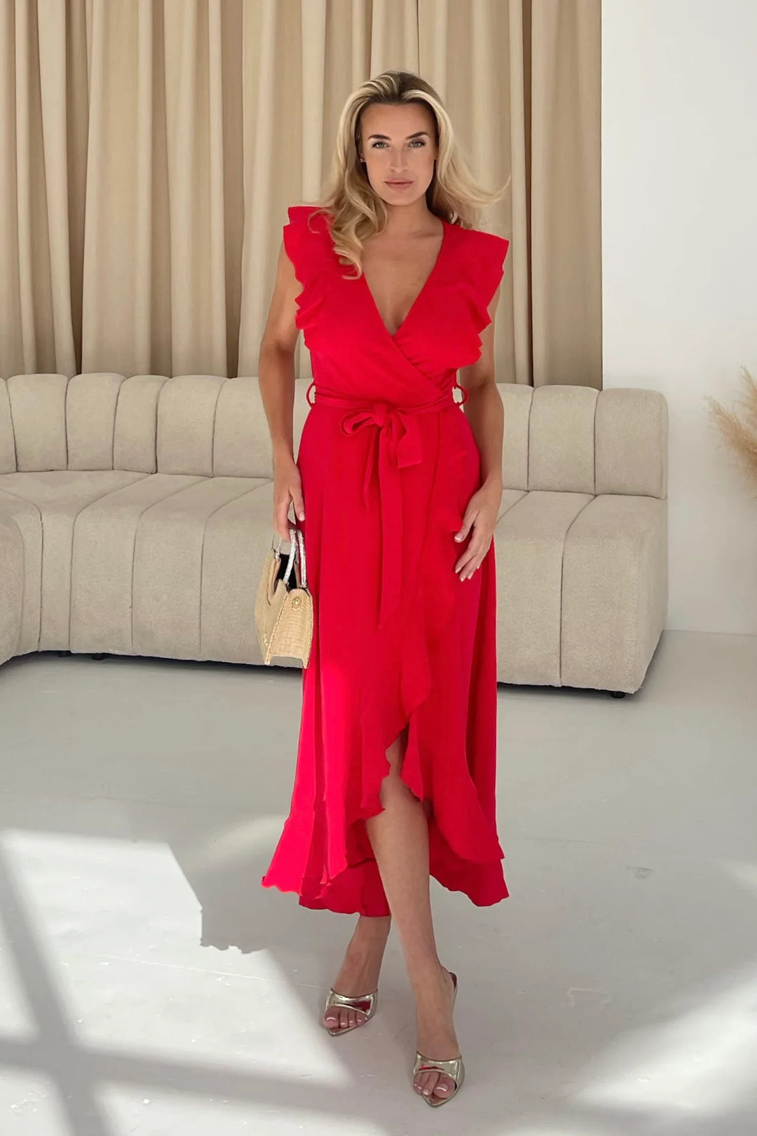 Diana Red Frill Wrap Belted Midi Dress