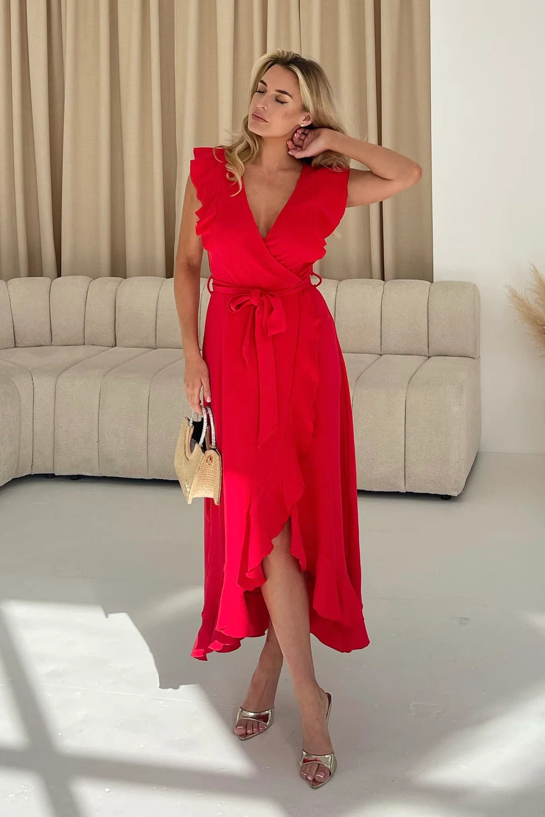 Diana Red Frill Wrap Belted Midi Dress